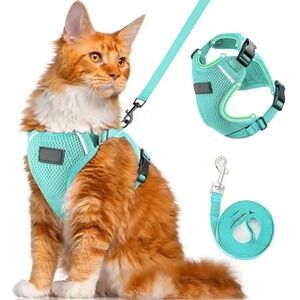 Leash and Cat Harness Set Escape Proof Soft Adjustable Size Medium Turqoise